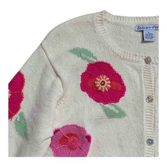 Vintage Eagle's Eye Cardigan Women's LG Pink Embroidered Flowers Knit Sweater - Picture 6 of 15
